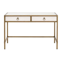Pearl white faux shagreen desk with glass top, two drawers, and brushed gold steel base.