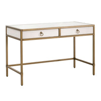 Pearl white faux shagreen desk with glass top, two drawers, and brushed gold steel frame.