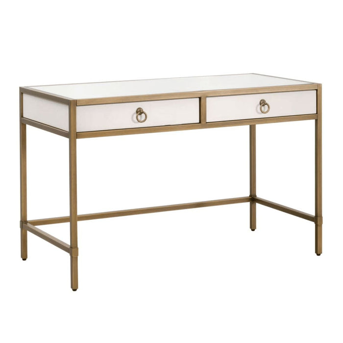 Pearl white faux shagreen desk with glass top, two drawers, and brushed gold steel frame.