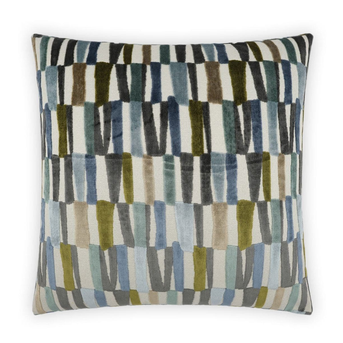 Strata Multi Indigo 24" throw pillow with a textured, abstract stripe pattern in blue, green, brown, and gray.