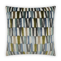 Strata Multi Indigo 24" throw pillow with a textured, abstract stripe pattern in blue, green, brown, and gray.