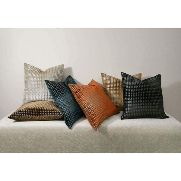 Collection of 24" square decorative throw pillows in various colors with a textured grid pattern.