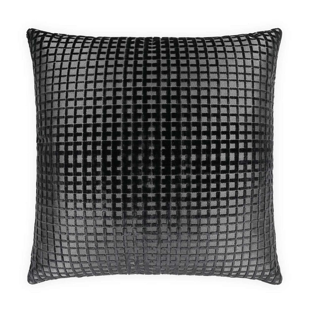 Luxury 24x24 inch black polyester viscose throw pillow with a textured grid pattern and feather down insert.