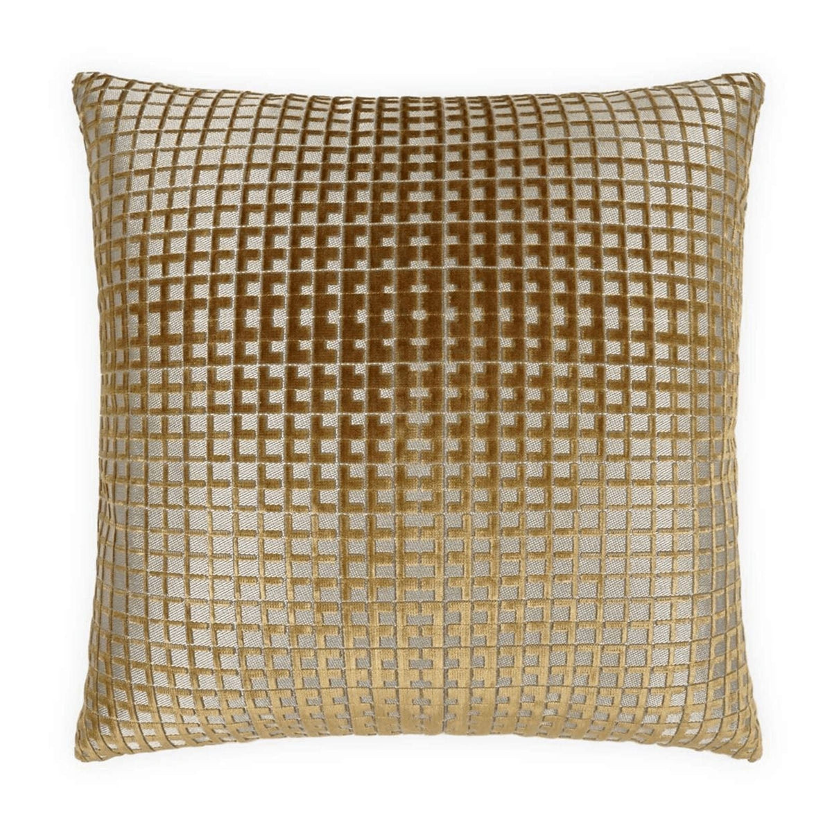 24" x 24" luxury gold and silver polyester-viscose throw pillow with a tailored, geometric grid pattern.