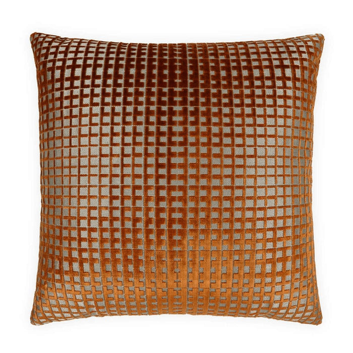Luxury 24" square throw pillow with a textured orange and silver geometric grid pattern.