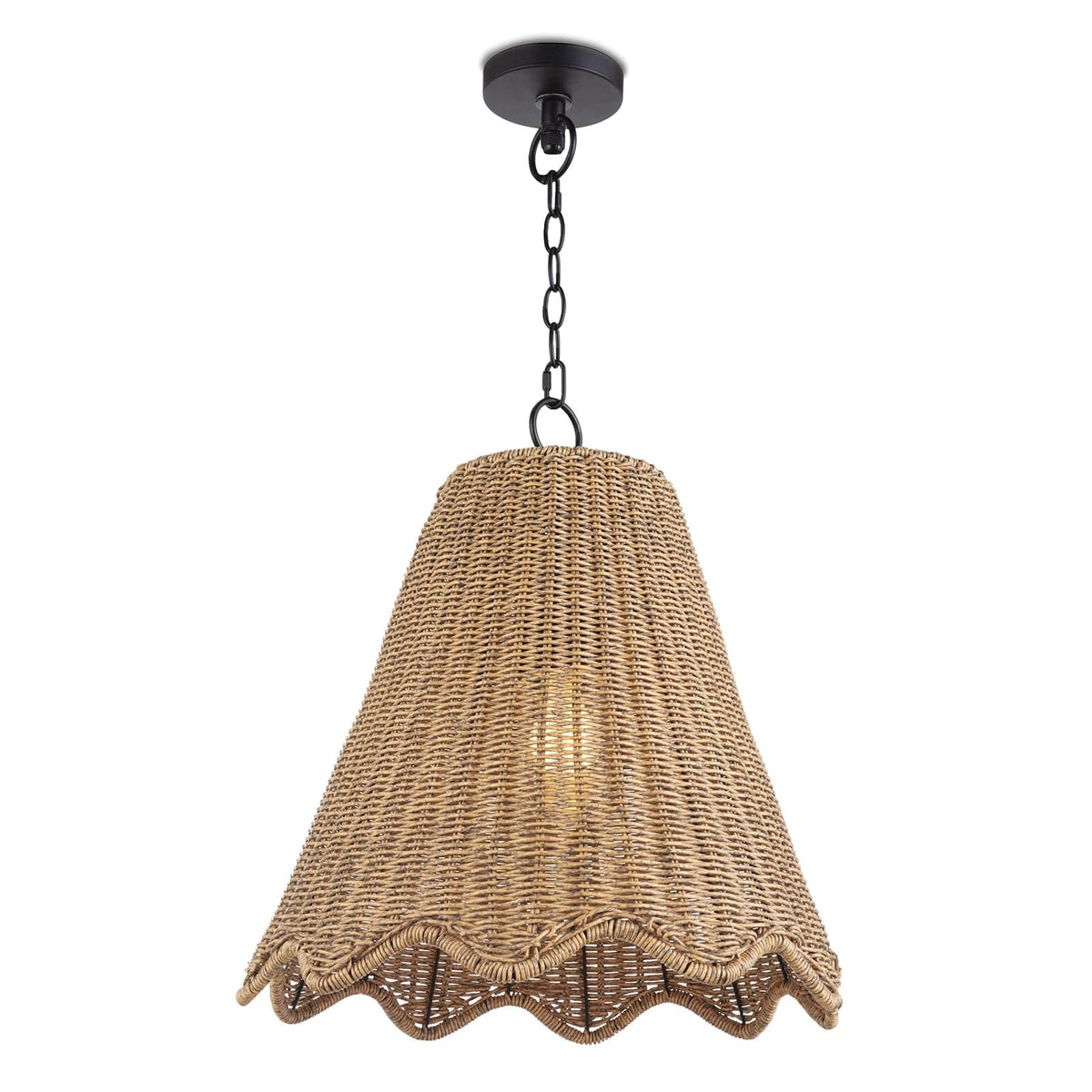 Large rattan pendant light with a wavy bottom edge, black chain, and warm glow.