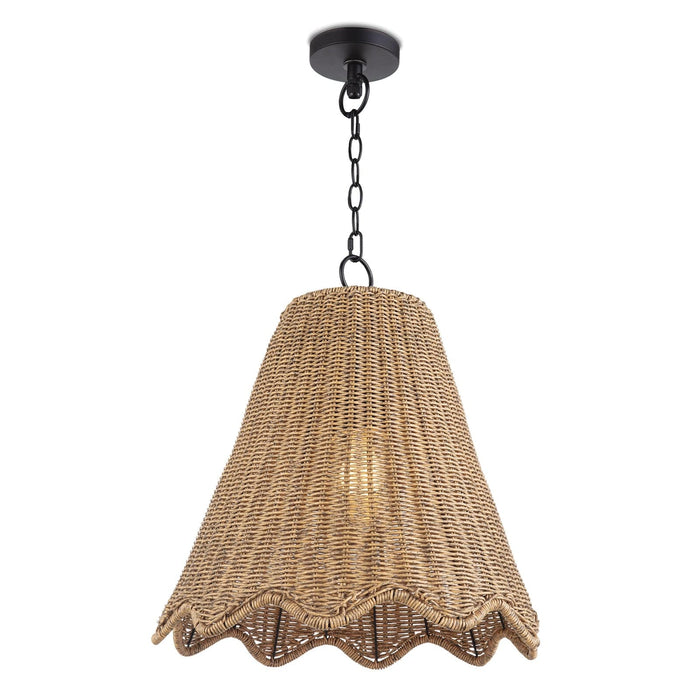 Large rattan pendant light with a wavy bottom edge, black chain, and warm glow.