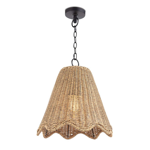 Summer Small Outdoor Hanging Rattan Pendant light with a wavelike woven shade and black chain.