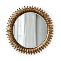 Round Sun Flower Mirror with an antique gold leaf finish and beveled glass.