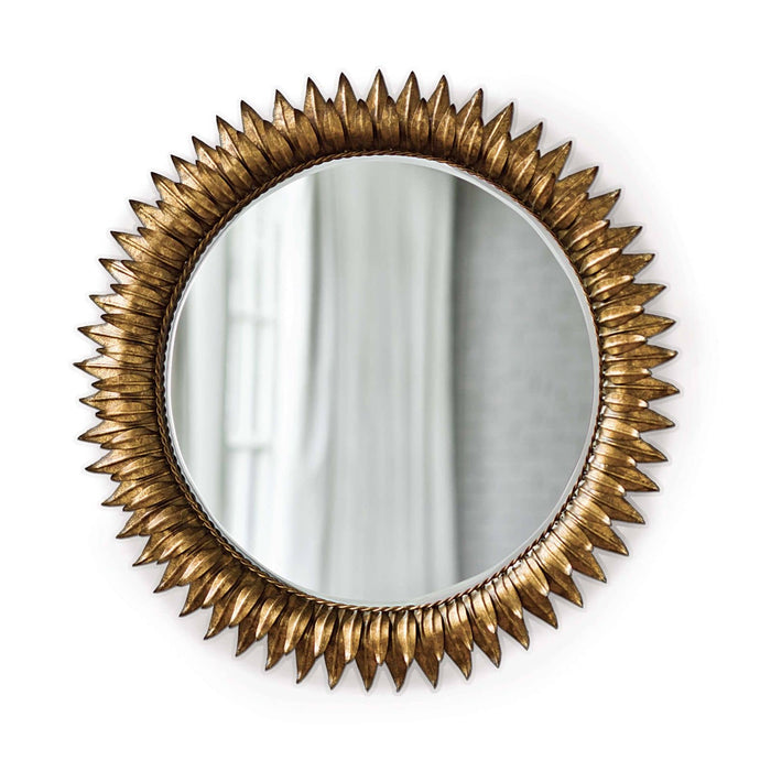 Round Sun Flower Mirror with an antique gold leaf finish and beveled glass.