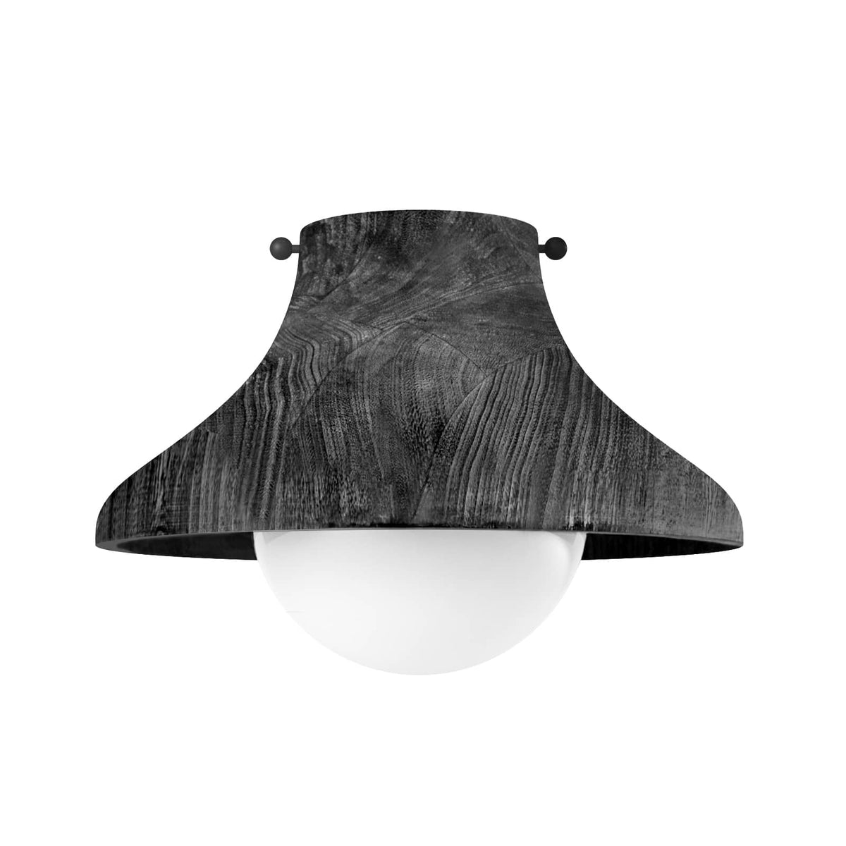Surfside Ebony wood flush mount light with a textured, dark wood shade and a white milk glass globe.