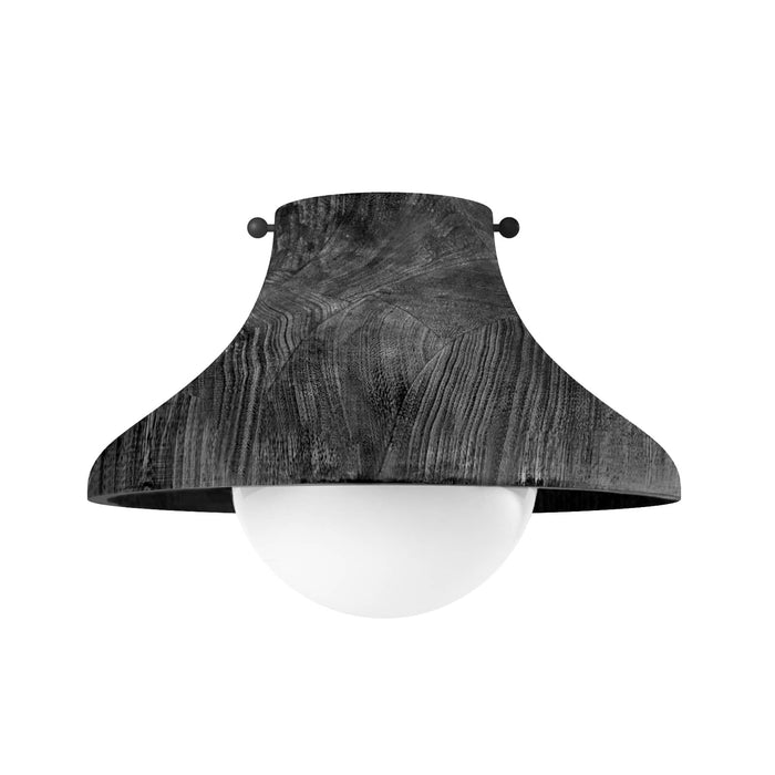 Surfside Ebony wood flush mount light with a textured, dark wood shade and a white milk glass globe.