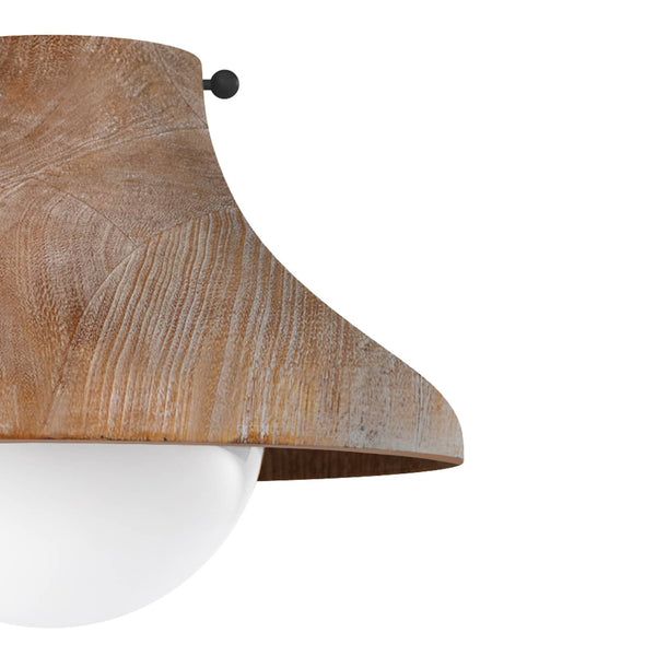 Surfside wood flush mount light with white-washed limed oak finish and a milk glass globe.