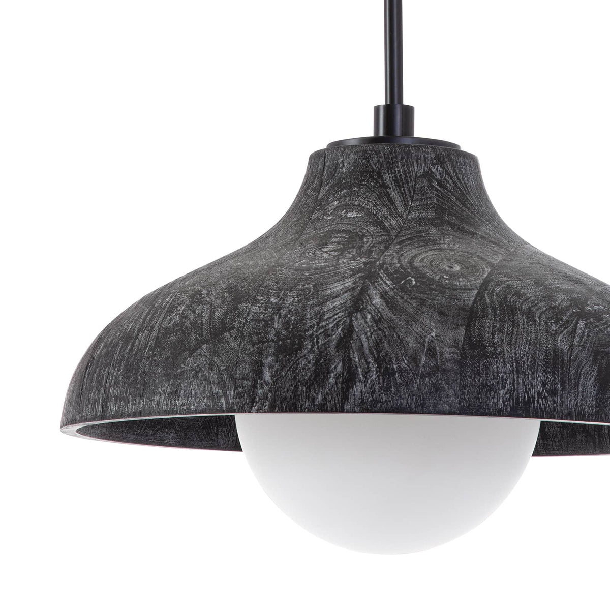 Surfside ebony wood pendant with white-washed grain texture and a milk glass globe.