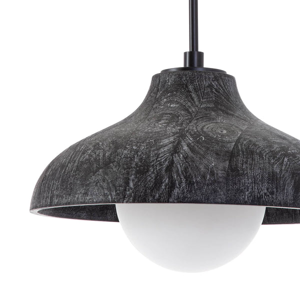 Surfside ebony wood pendant with white-washed grain texture and a milk glass globe.