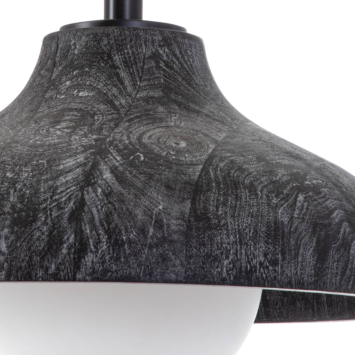 Ebony wood grain pendant light with a sleek shade and a white milk glass globe.
