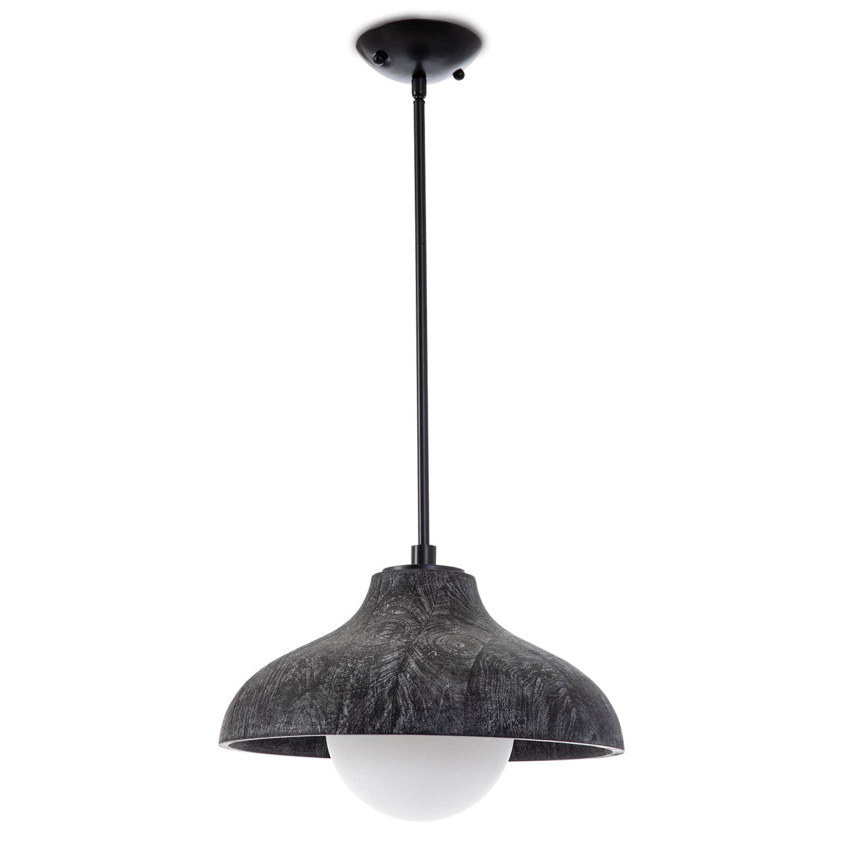 Modern Surfside wood pendant in ebony with a white-washed, limed oak finish and milk glass globe.
