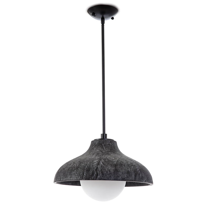 Modern Surfside wood pendant in ebony with a white-washed, limed oak finish and milk glass globe.