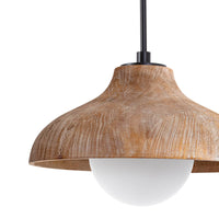 Surfside natural wood pendant light with white-washed grain, milk glass globe, and black pipe.