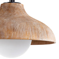 Natural wood grain pendant light with a white-washed finish and a milky glass globe.