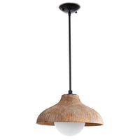Natural wood grain pendant light with a white-washed finish, milk glass globe, and black pipe suspension.