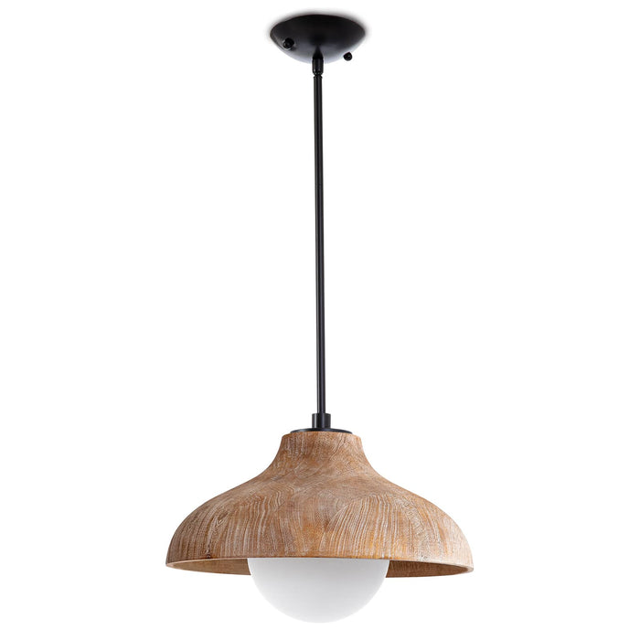 Natural wood grain pendant light with a white-washed finish, milk glass globe, and black pipe suspension.