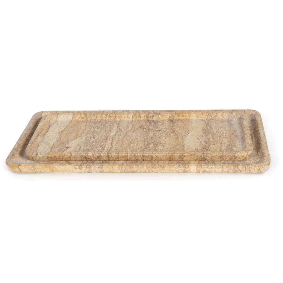 Two rectangular Sutton marble trays, one nested inside the other, featuring rustic beige and brown veining.