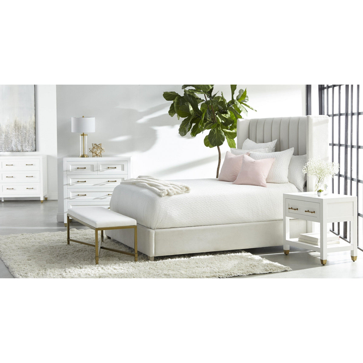 Suzy White & Brass High Chest - Dresser Side View | Bone & Brass