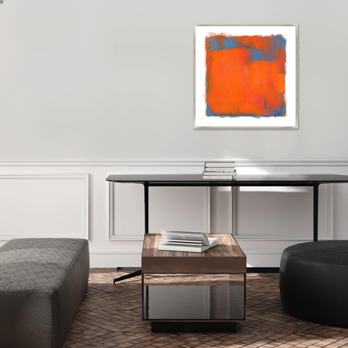 Abstract giclee canvas painting with orange and blue color blocks, framed above a modern console table.