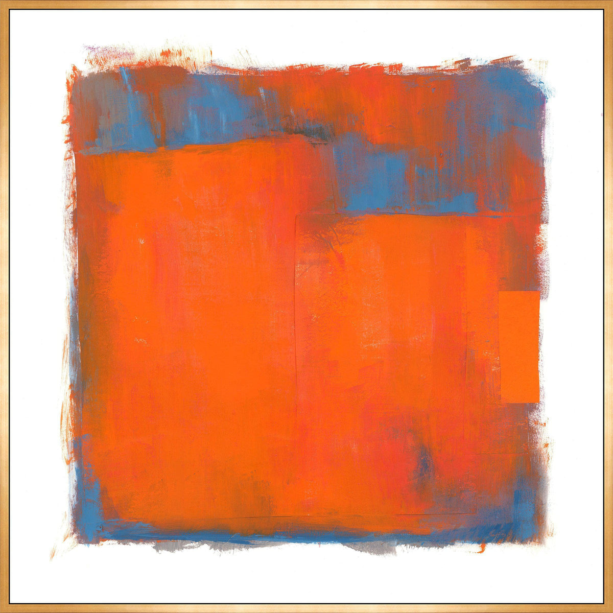 Abstract giclee canvas painting with bold orange and blue color blocks, framed in gold.