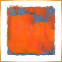 Abstract giclee canvas painting with bold orange and blue color blocks, framed in gold.