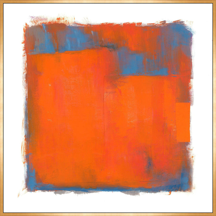 Abstract giclee canvas painting with bold orange and blue color blocks, framed in gold.