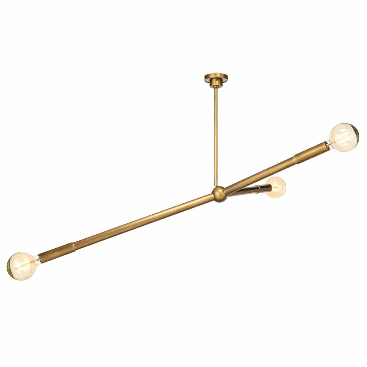 Talon Chandelier in natural brass with three exposed bulbs, featuring adjustable, angled arms and a spherical base.