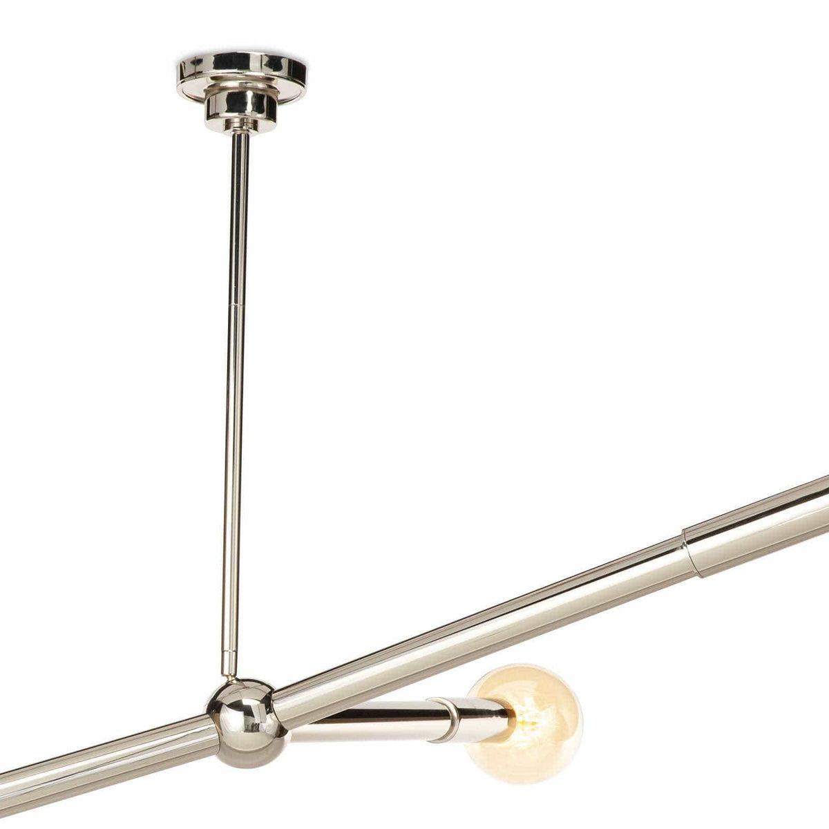 Talon Chandelier in polished nickel with adjustable arms and exposed G-type bulbs.