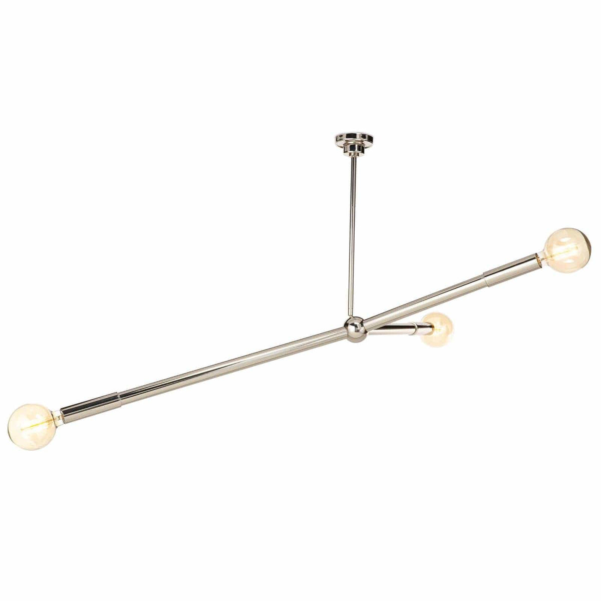 Talon Chandelier: modern polished nickel fixture with three adjustable arms and exposed G-type bulbs.