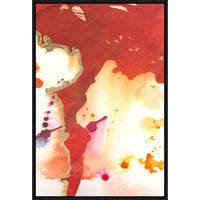 Abstract giclee painting with vivid tangerine, red, and gold leaf accents, framed in black.