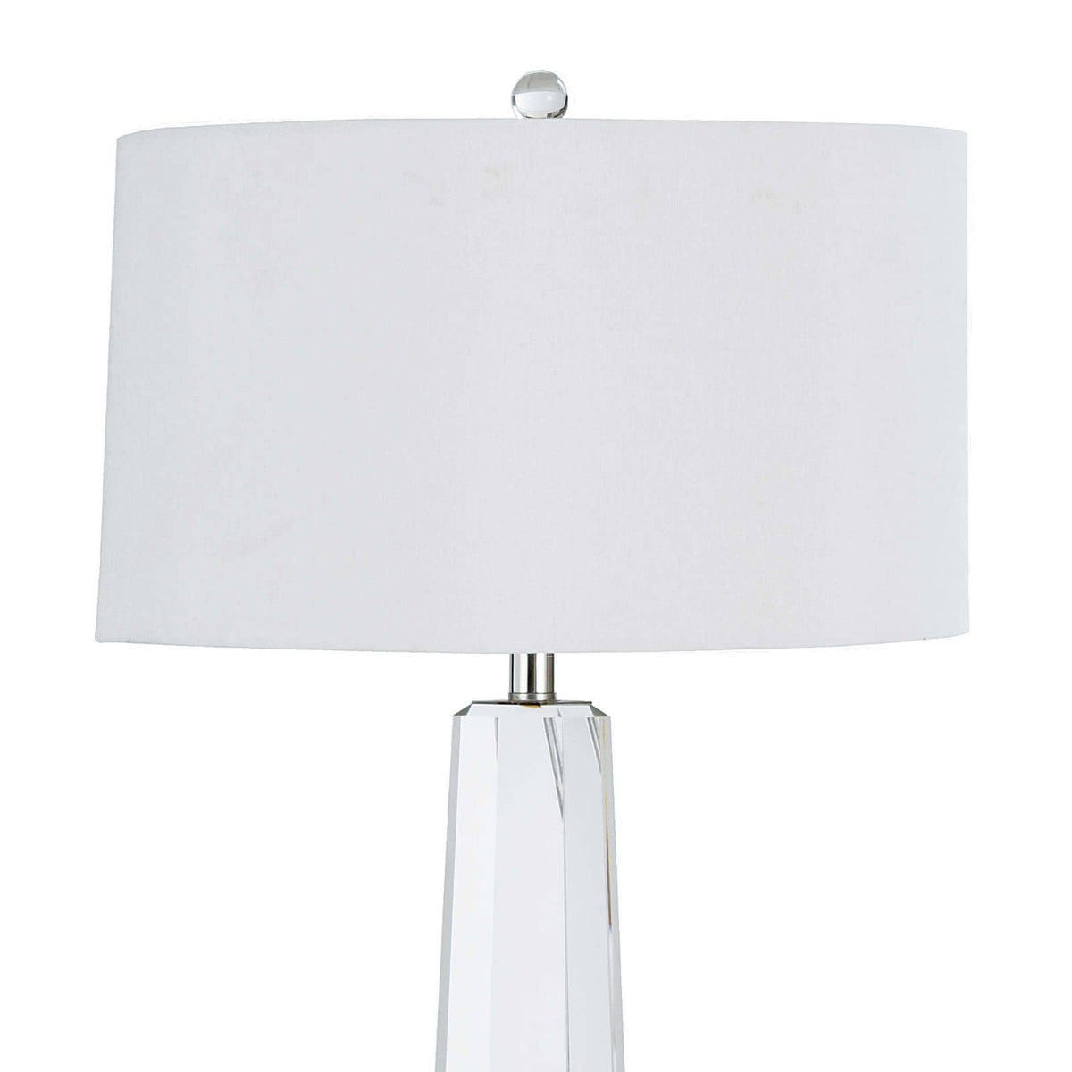 Tapered Hex Crystal Table Lamp with a clear crystal base and a crisp white linen shade.