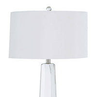 Tapered Hex Crystal Table Lamp with a clear crystal base and a crisp white linen shade.