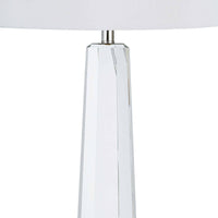 Tapered Hex Crystal Table Lamp with a clear faceted base and a crisp white linen shade.