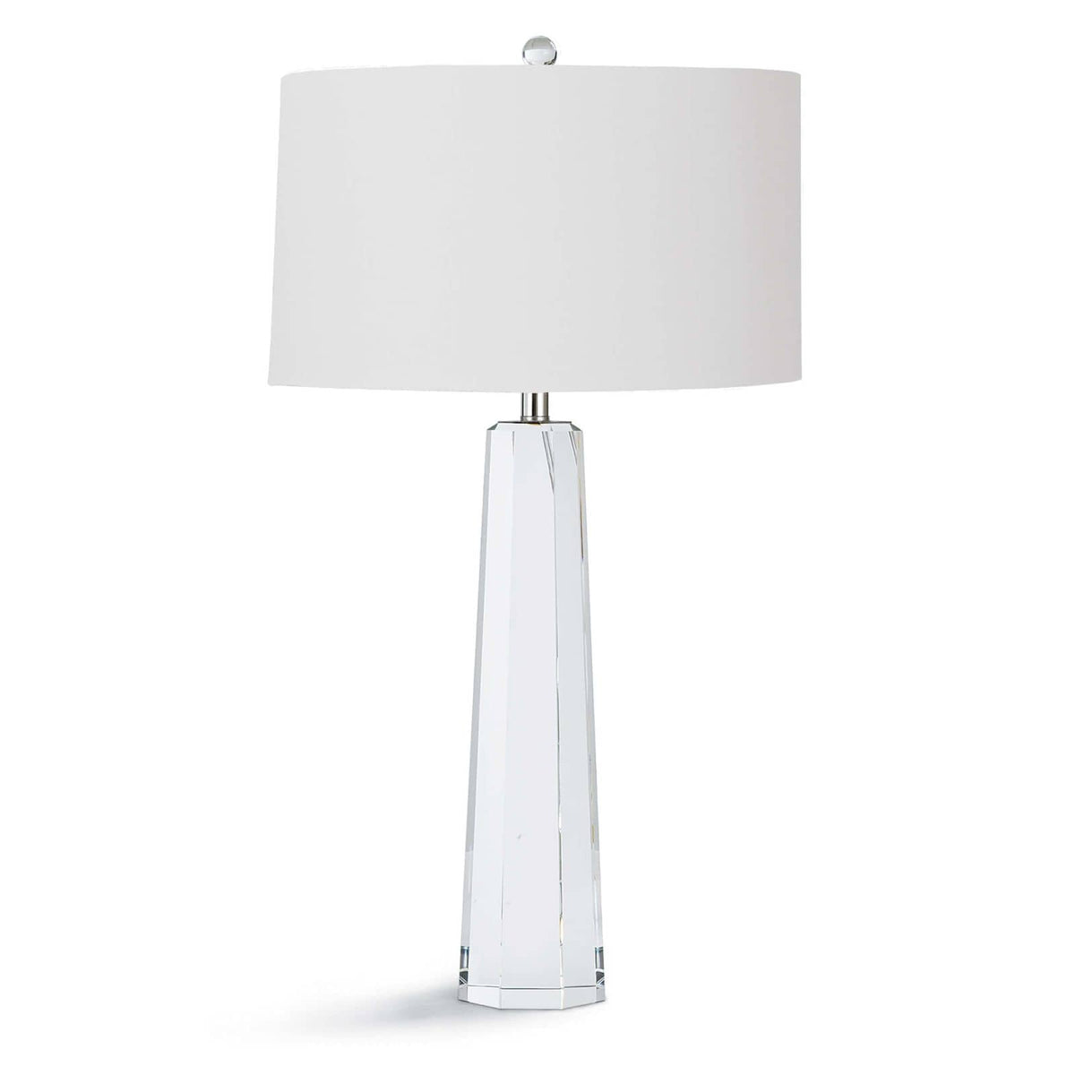 Tapered Hex Crystal Table Lamp with a clear crystal base and a crisp white linen shade.