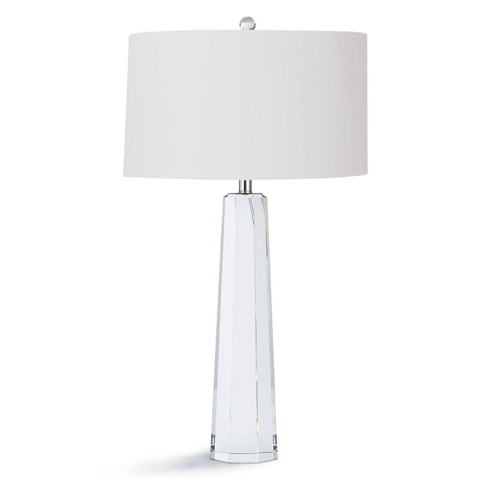 Tapered Hex Crystal Table Lamp with a clear crystal base and a crisp white linen shade.