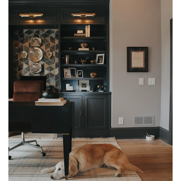 Tate Picture Light in oil rubbed bronze illuminating a dark built-in bookshelf in a home office.