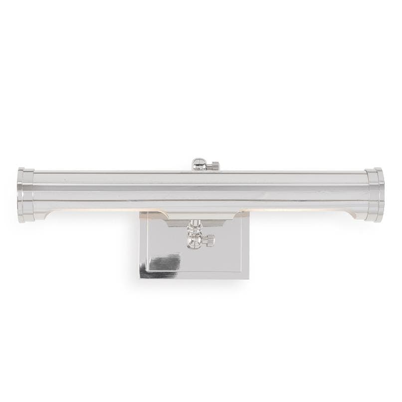 Tate Medium Picture Light in polished nickel, 18" wide, with a sleek, traditional steel design.