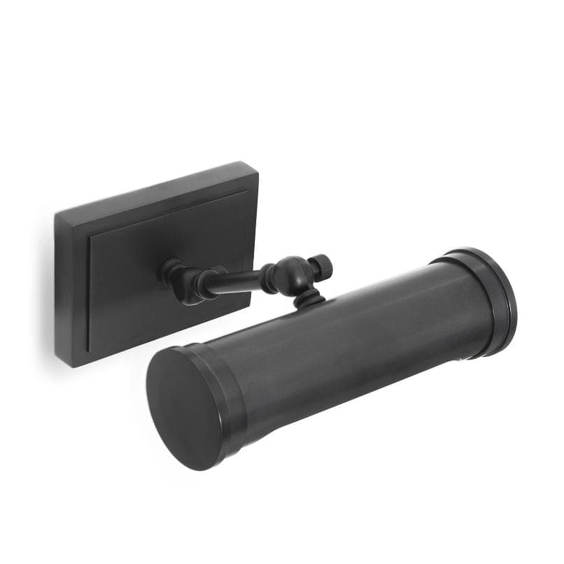 Small Tate picture light in oil rubbed bronze, featuring a rectangular base and cylindrical shade.
