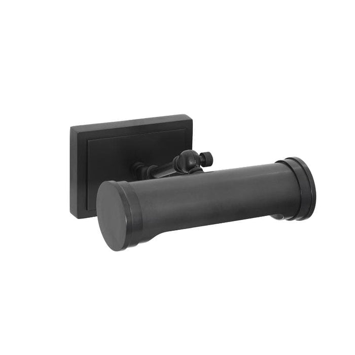 Small Tate picture light in oil rubbed bronze, featuring a rectangular base and cylindrical shade.