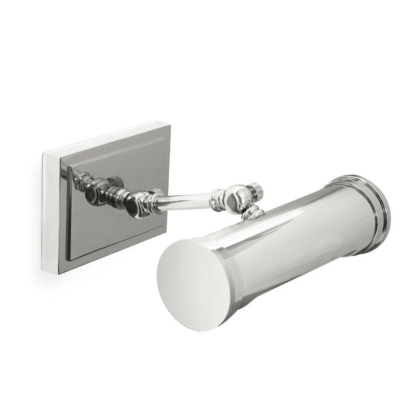Small Tate picture light in polished nickel with a classic, cylindrical design.