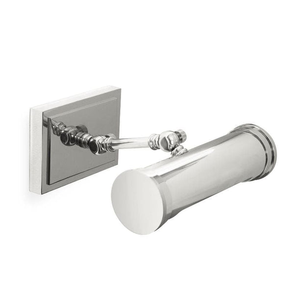 Small Tate picture light in polished nickel with a classic, cylindrical design.