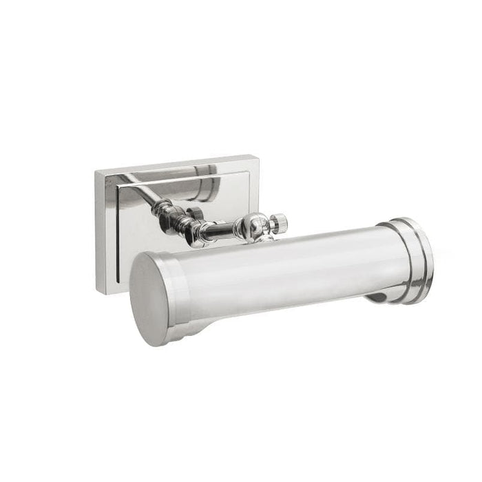 Small Tate picture light in polished nickel, featuring a rectangular base and cylindrical shade.