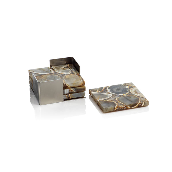 Taupe & Brown Agate Coasters on Metal Tray - Coaster Detail | Bone & Brass