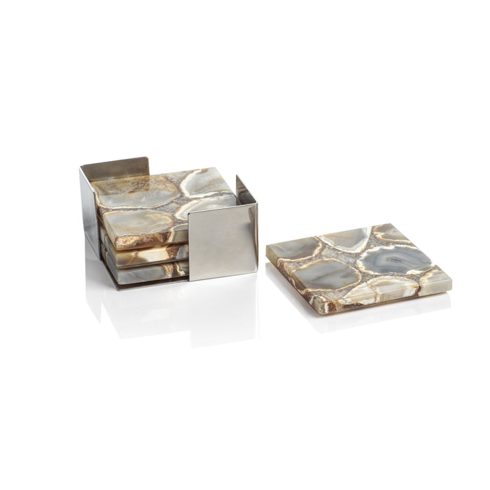 Taupe & Brown Agate Coasters on Metal Tray | Bone & Brass